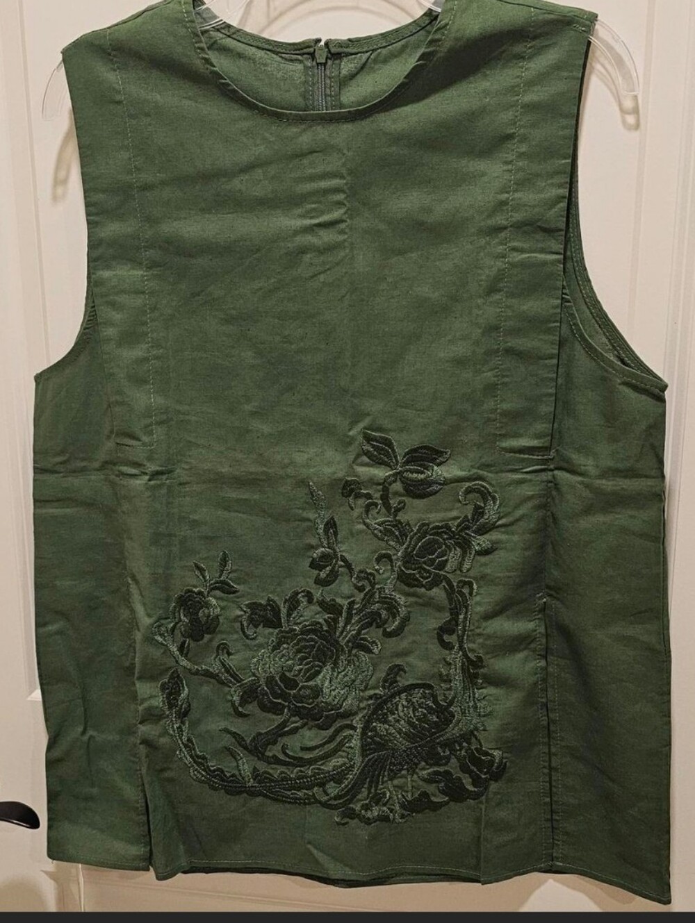 Sleeveless Green Linen Embroidered Sleeveless Top